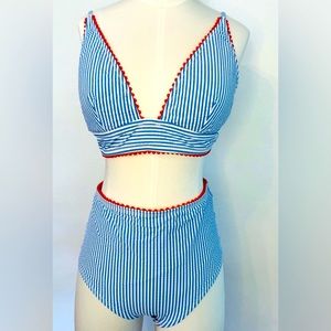J. Crew Blue and White Retro High-Waisted Bikini